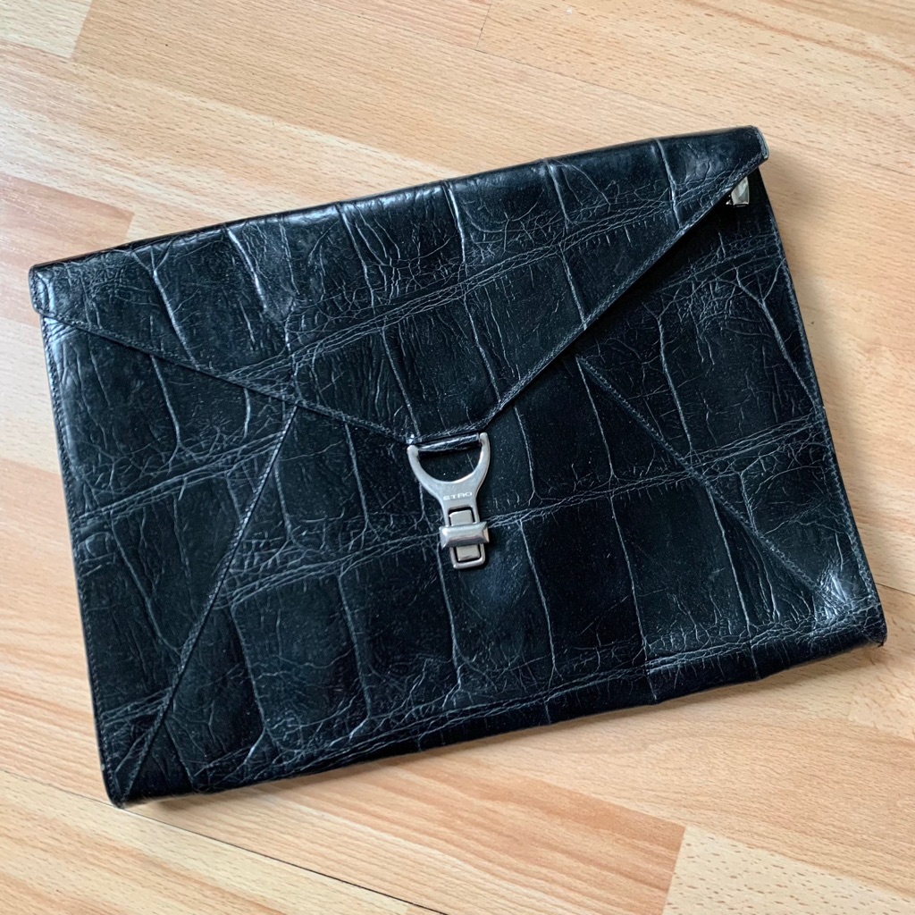 Etro Black Mock Crocodile Women’s Clutch Or Laptop Bag With Lock Closure